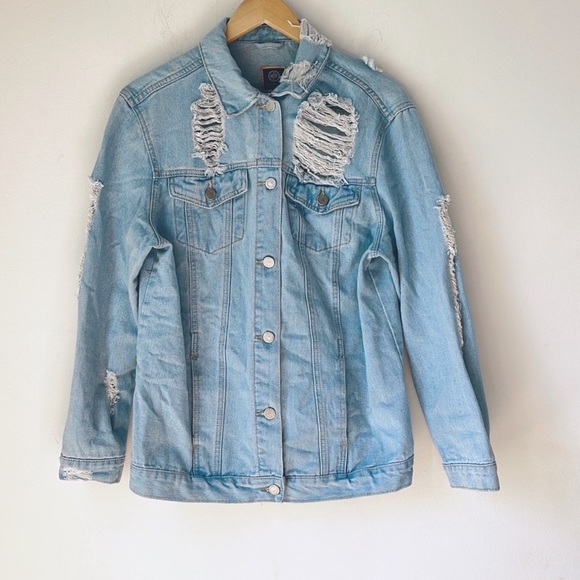 BOOM BOOM JEANS Destroyed Distressed Denim Jacket L - Picture 2 of 16